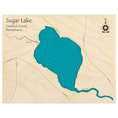 Bathymetric topo map of Sugar Lake  with roads, towns and depths noted in blue water