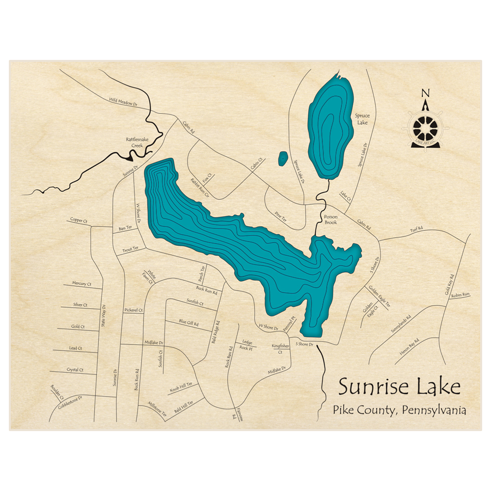 Bathymetric topo map of Sunrise Lake  with roads, towns and depths noted in blue water