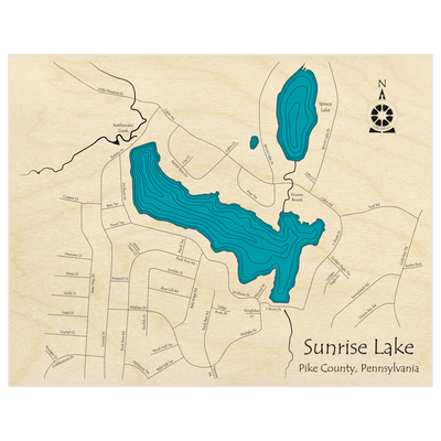 Bathymetric topo map of Sunrise Lake  with roads, towns and depths noted in blue water