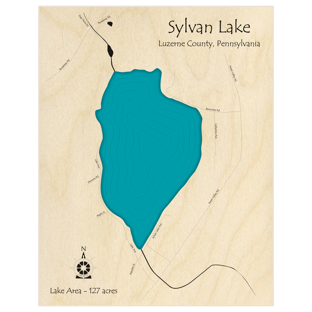 Bathymetric topo map of Sylvan Lake  with roads, towns and depths noted in blue water