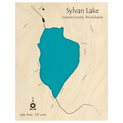 Bathymetric topo map of Sylvan Lake  with roads, towns and depths noted in blue water