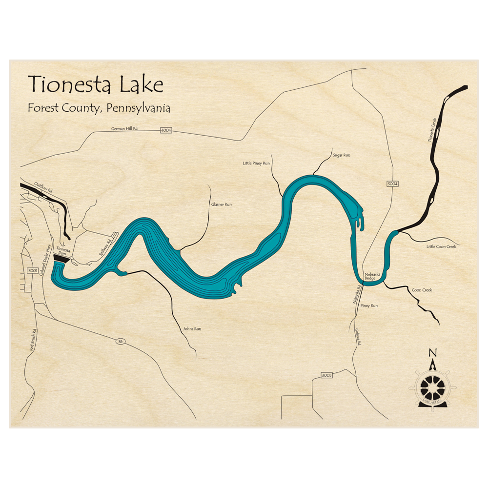 Bathymetric topo map of Tionesta Lake  with roads, towns and depths noted in blue water