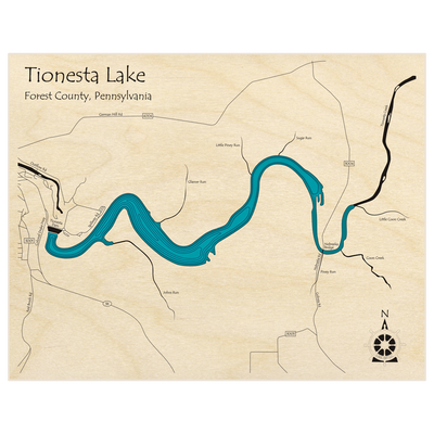 Bathymetric topo map of Tionesta Lake  with roads, towns and depths noted in blue water