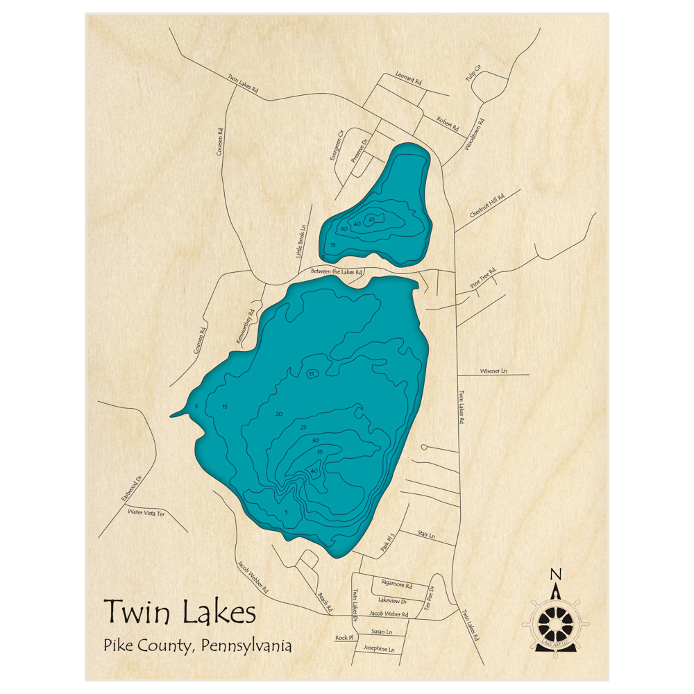 Bathymetric topo map of Twin Lakes with roads, towns and depths noted in blue water