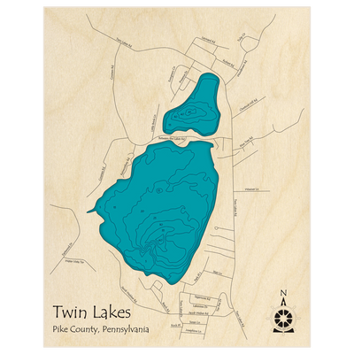 Bathymetric topo map of Twin Lakes with roads, towns and depths noted in blue water