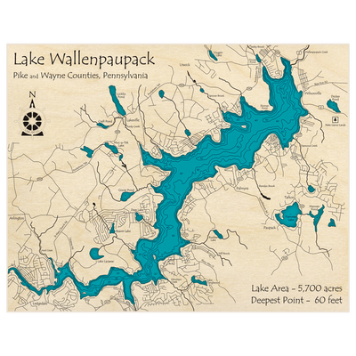 Bathymetric topo map of Lake Wallenpaupack with roads, towns and depths noted in blue water