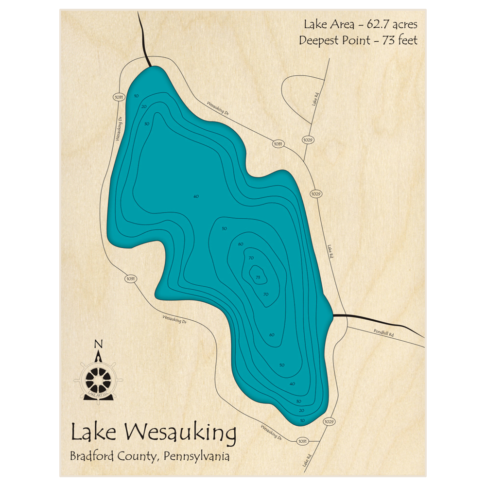 Bathymetric topo map of Lake Wesauking with roads, towns and depths noted in blue water