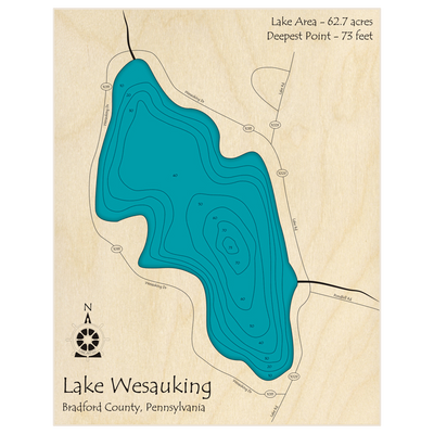 Bathymetric topo map of Lake Wesauking with roads, towns and depths noted in blue water