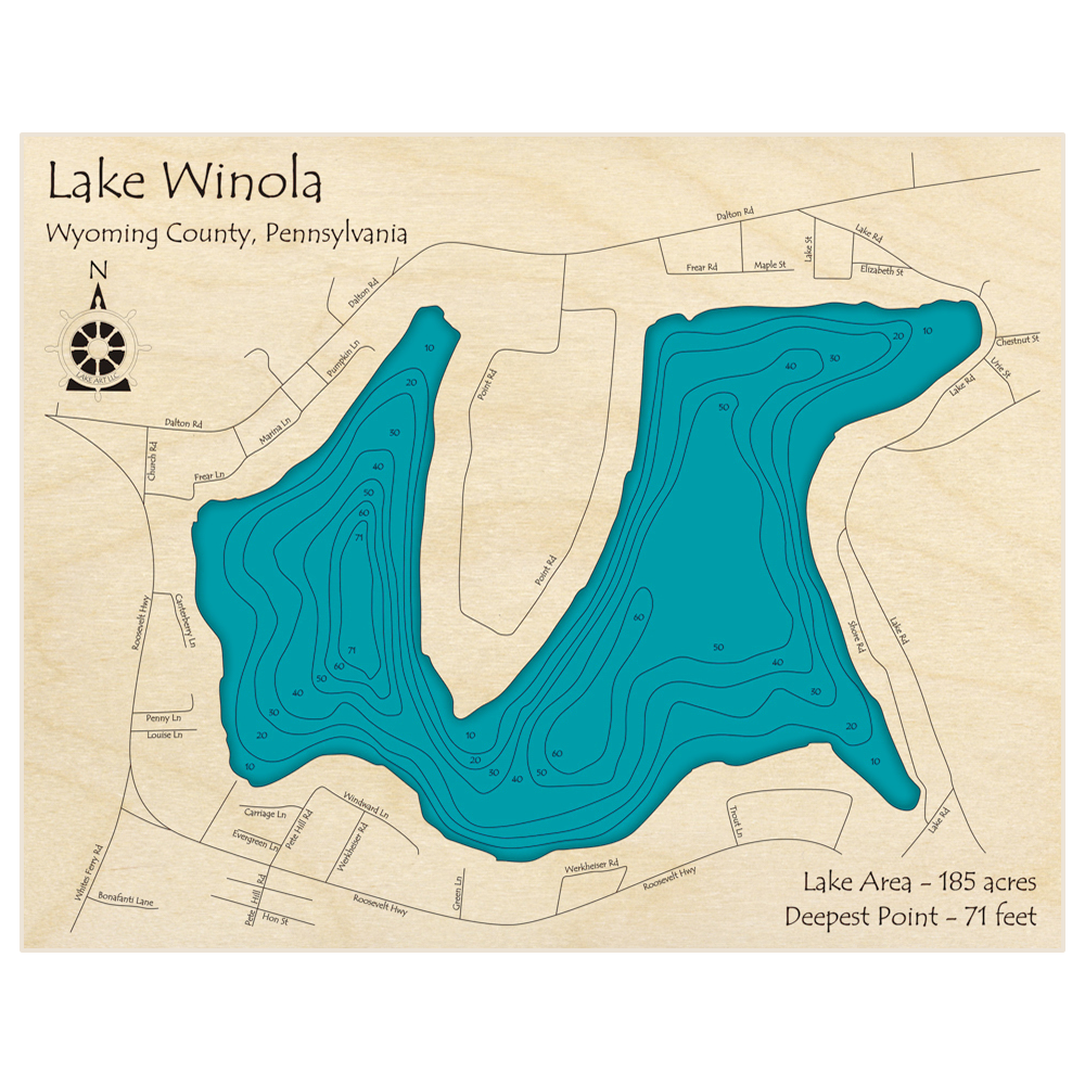 Bathymetric topo map of Lake Winola with roads, towns and depths noted in blue water