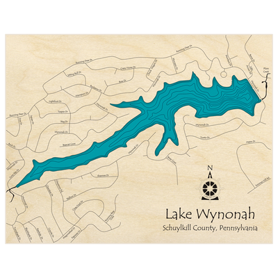 Bathymetric topo map of Lake Wynonah  with roads, towns and depths noted in blue water