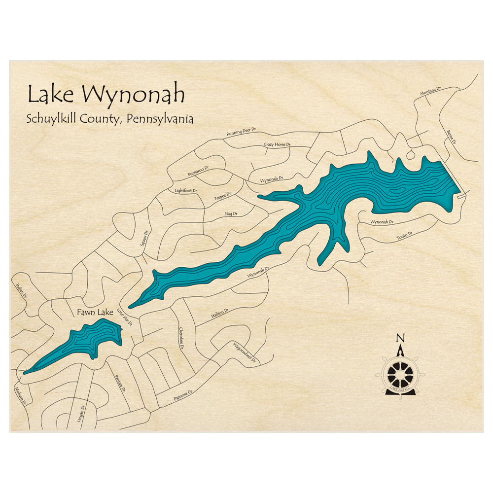 Bathymetric topo map of Lake Wynonah with Fawn  with roads, towns and depths noted in blue water