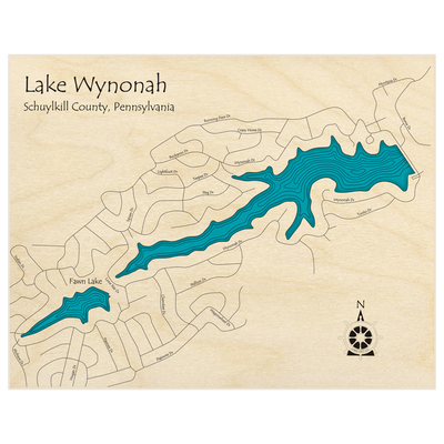 Bathymetric topo map of Lake Wynonah with Fawn  with roads, towns and depths noted in blue water