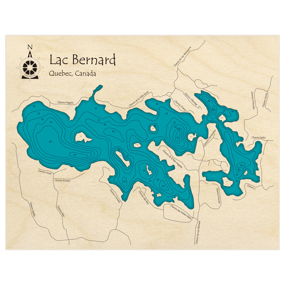 Bathymetric topo map of Lac Bernard with roads, towns and depths noted in blue water