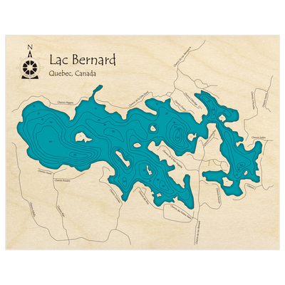 Bathymetric topo map of Lac Bernard with roads, towns and depths noted in blue water