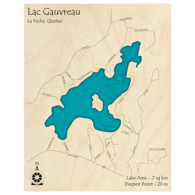 Bathymetric topo map of Lac Gauvreau with roads, towns and depths noted in blue water