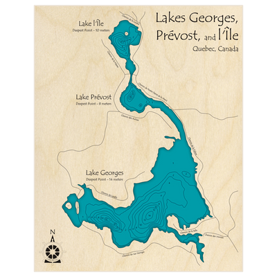 Bathymetric topo map of Lake Georges (With Prevost and Lile Lakes) (In English) with roads, towns and depths noted in blue water