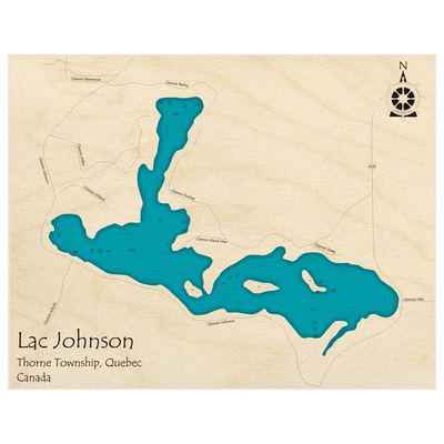 Bathymetric topo map of Lac Johnson with roads, towns and depths noted in blue water