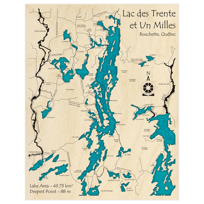 Bathymetric topo map of Lac des Trente et Un Milles with roads, towns and depths noted in blue water