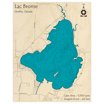 Bathymetric topo map of Lac Brome with roads, towns and depths noted in blue water