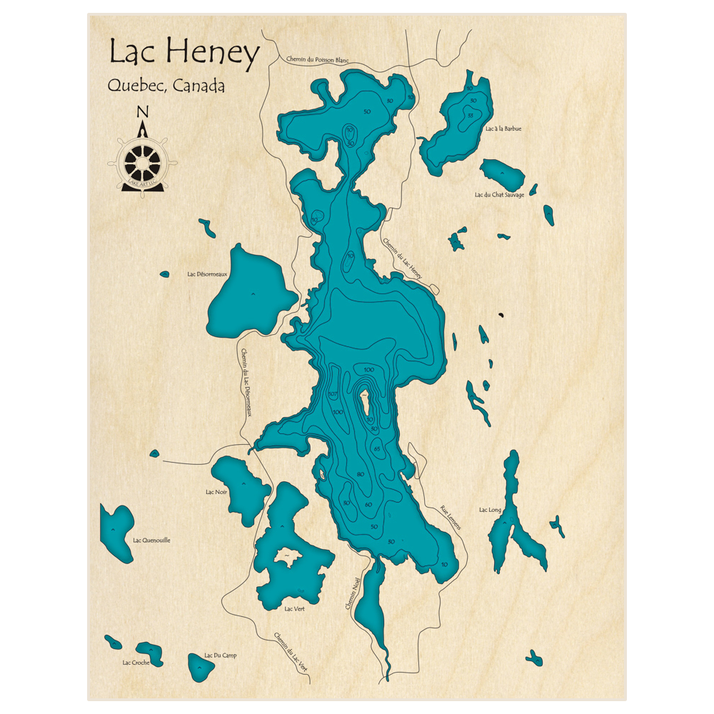 Bathymetric topo map of Lac Heney with roads, towns and depths noted in blue water