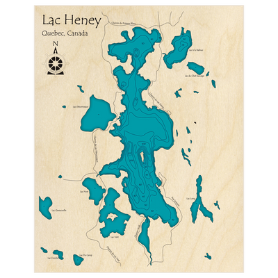 Bathymetric topo map of Lac Heney with roads, towns and depths noted in blue water