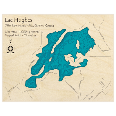 Bathymetric topo map of Lac Hughes with roads, towns and depths noted in blue water