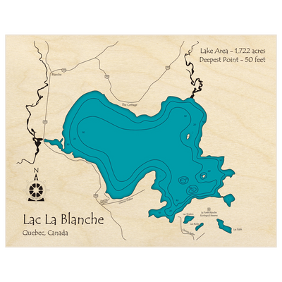 Bathymetric topo map of Lac La Blanche with roads, towns and depths noted in blue water