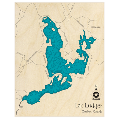 Bathymetric topo map of Lac Ludger with roads, towns and depths noted in blue water