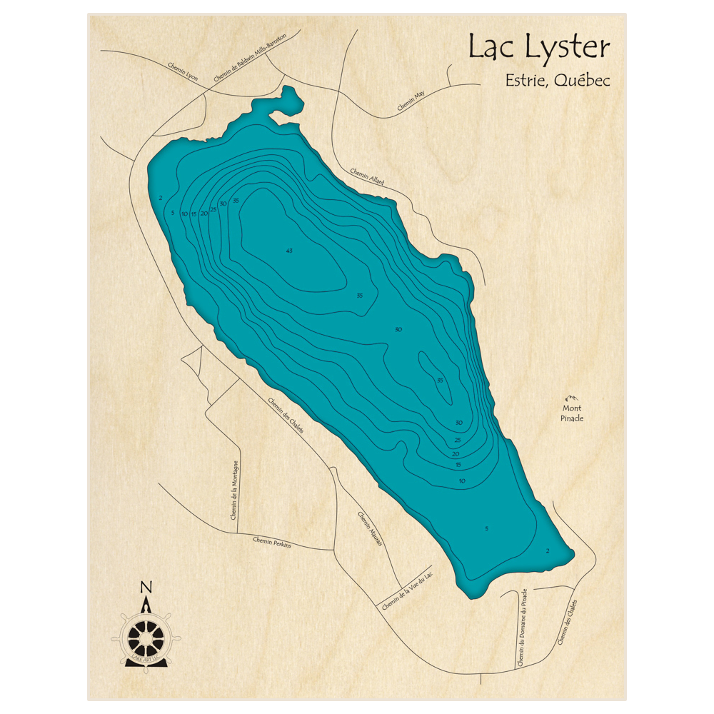 Bathymetric topo map of Lac Lyster with roads, towns and depths noted in blue water