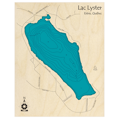 Bathymetric topo map of Lac Lyster with roads, towns and depths noted in blue water