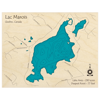 Bathymetric topo map of Lac Marois with roads, towns and depths noted in blue water