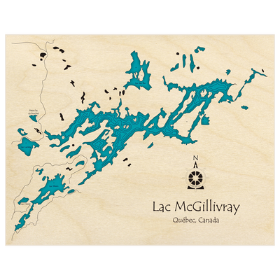 Bathymetric topo map of Lac McGillivray with roads, towns and depths noted in blue water