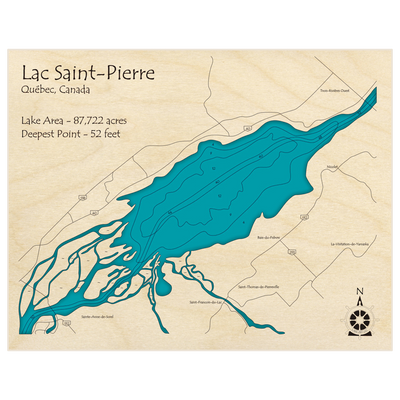 Bathymetric topo map of Lac Saint-Pierre with roads, towns and depths noted in blue water