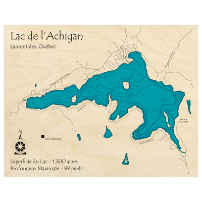 Bathymetric topo map of Lac de lAchigan with roads, towns and depths noted in blue water