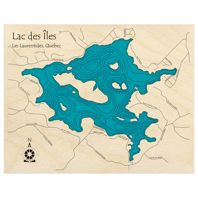 Bathymetric topo map of Lac des Iles (Near Town of Esterel in Saint Marguerite-Esterel) with roads, towns and depths noted in blue water