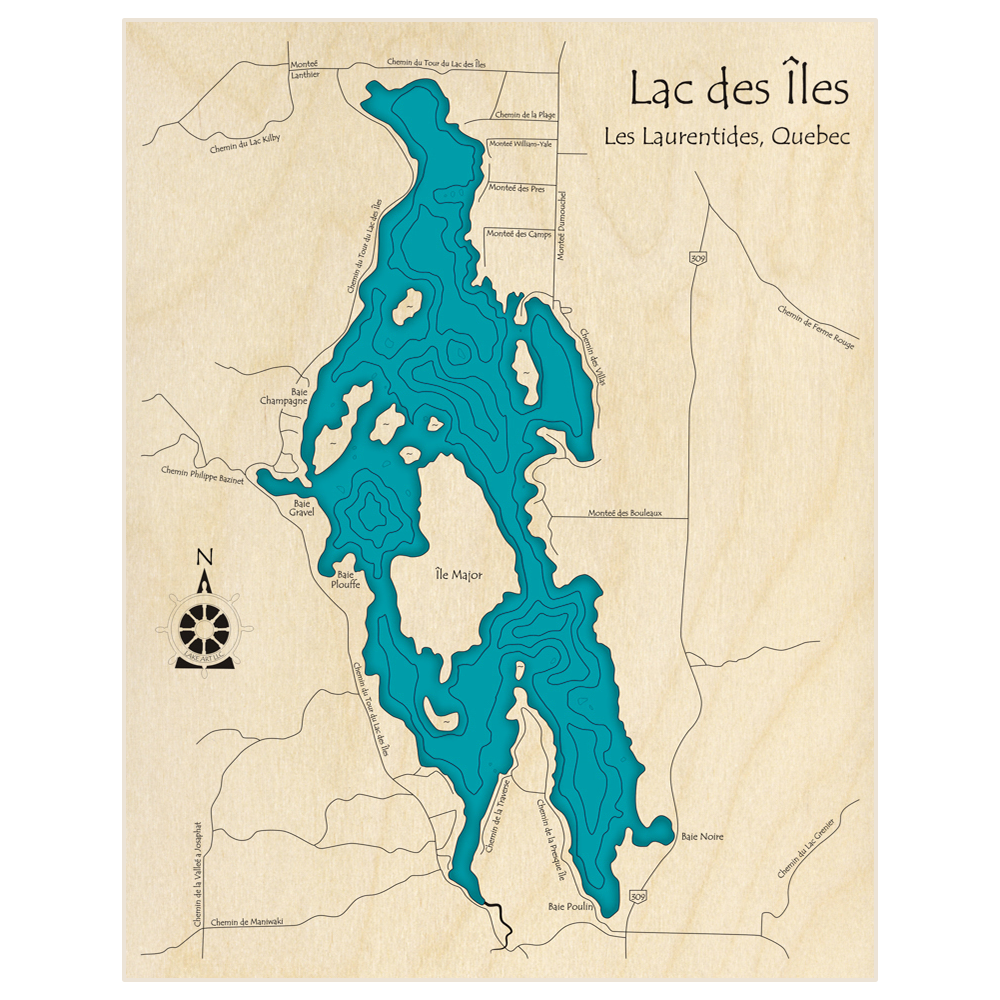 Bathymetric topo map of Lac des Iles (Near Town of Lac Des Iles in Saint Aime du Lac des Iles) with roads, towns and depths noted in blue water