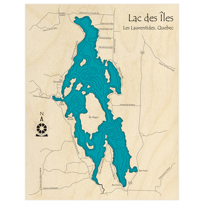 Bathymetric topo map of Lac des Iles (Near Town of Lac Des Iles in Saint Aime du Lac des Iles) with roads, towns and depths noted in blue water