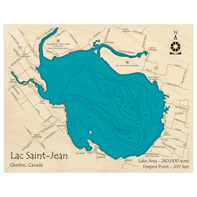 Bathymetric topo map of Lac Saint Jean with roads, towns and depths noted in blue water