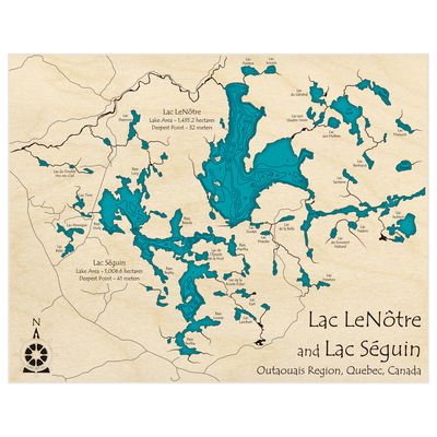 Bathymetric topo map of Lac LeNôtre and Lac Séguin with roads, towns and depths noted in blue water