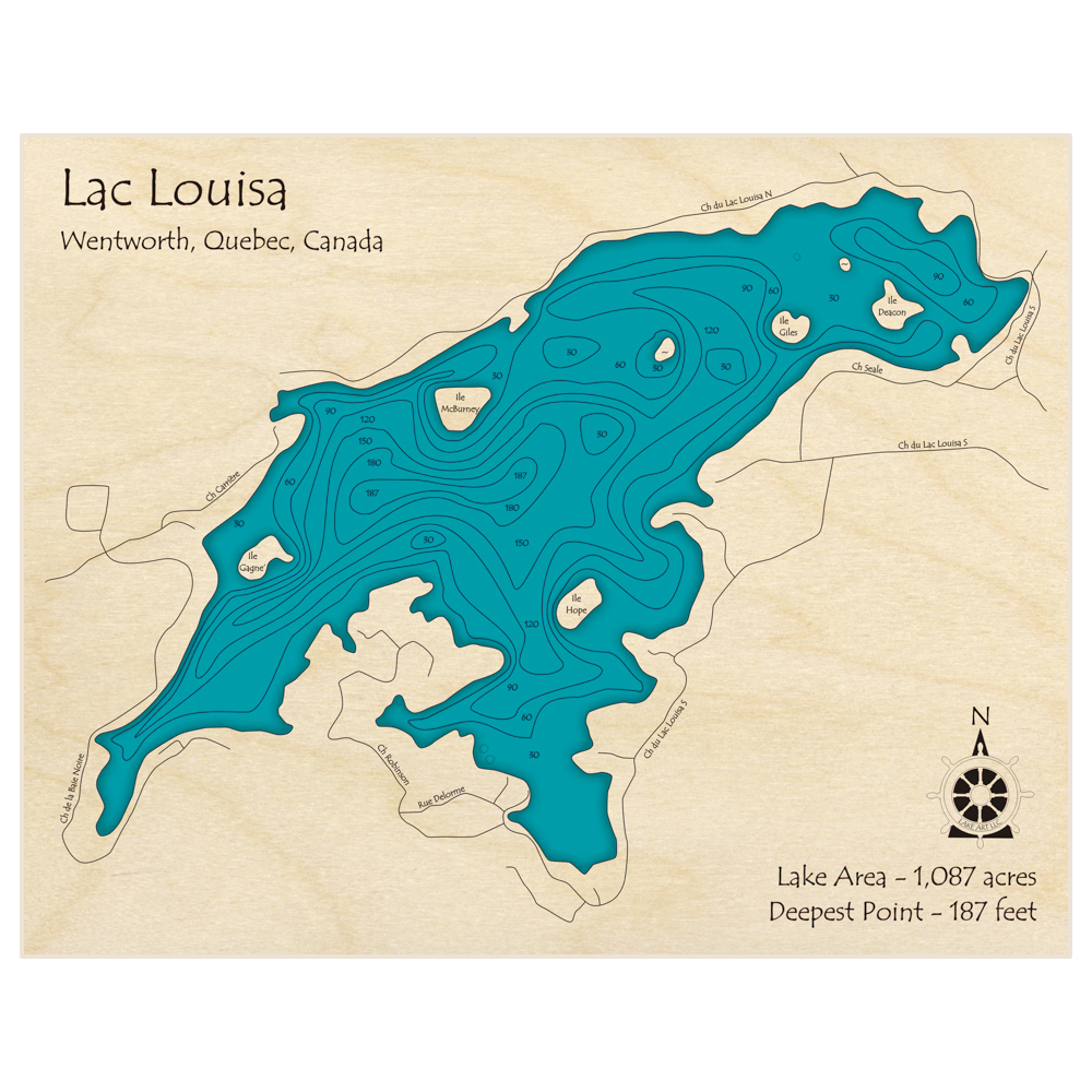 Bathymetric topo map of Lac Louisa with roads, towns and depths noted in blue water