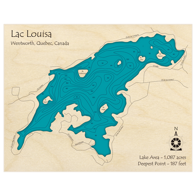 Bathymetric topo map of Lac Louisa with roads, towns and depths noted in blue water