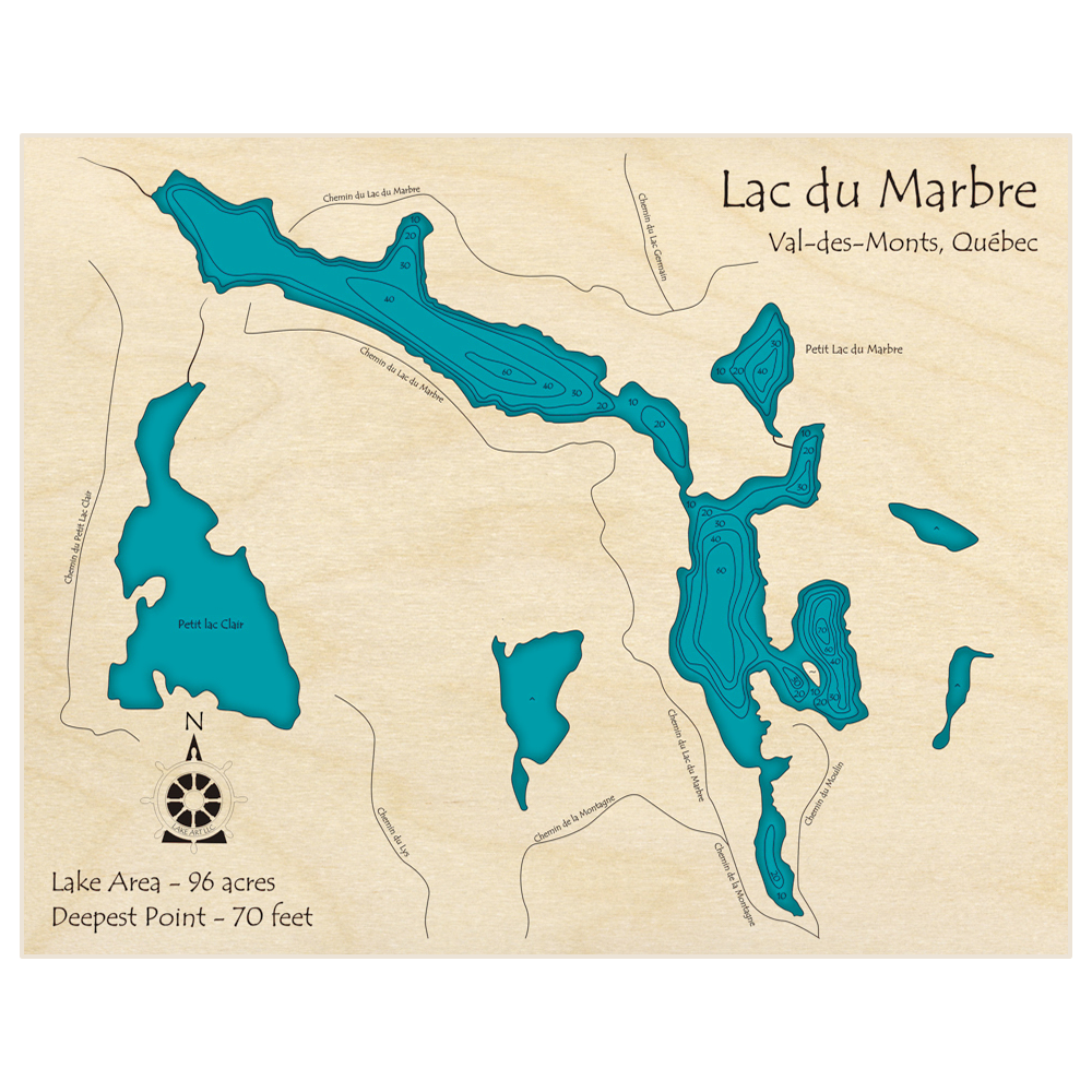 Bathymetric topo map of Lac du Marbre with roads, towns and depths noted in blue water