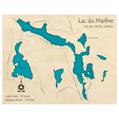 Bathymetric topo map of Lac du Marbre with roads, towns and depths noted in blue water