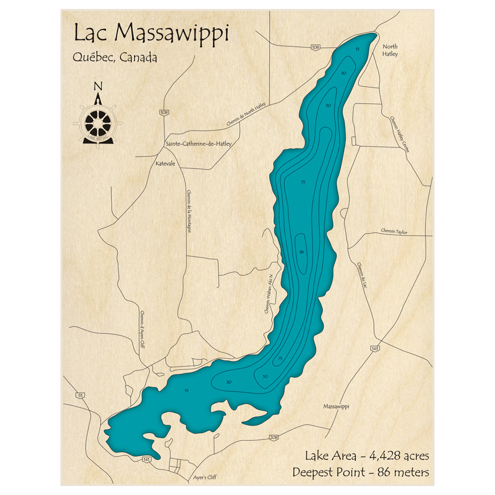 Bathymetric topo map of Lac Massawippi with roads, towns and depths noted in blue water