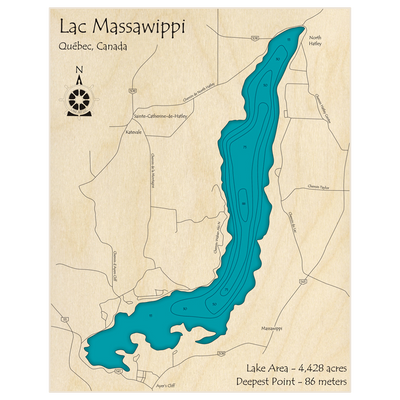 Bathymetric topo map of Lac Massawippi with roads, towns and depths noted in blue water