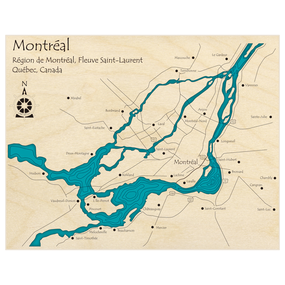 Bathymetric topo map of Montreal with roads, towns and depths noted in blue water