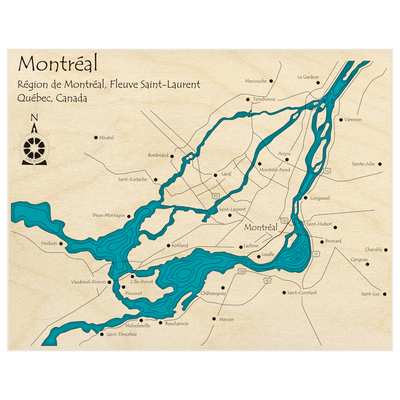 Bathymetric topo map of Montreal with roads, towns and depths noted in blue water