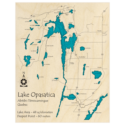 Bathymetric topo map of Lake Opasatica with roads, towns and depths noted in blue water