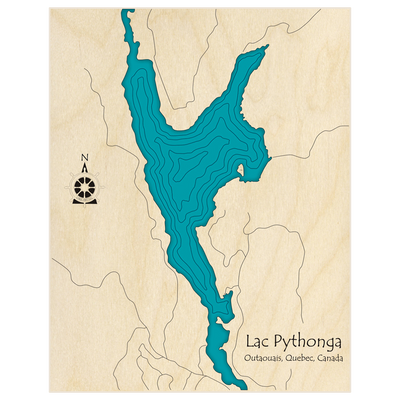 Bathymetric topo map of Lac Pythonga  with roads, towns and depths noted in blue water