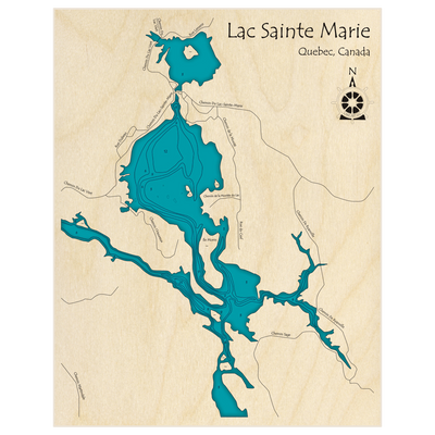 Bathymetric topo map of Lac Sainte Marie with roads, towns and depths noted in blue water